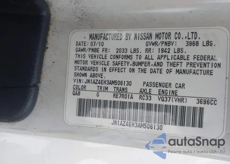 2010 Nissan 370Z z USA, uszkodzony, nr VIN JN1AZ4EH3AM506130